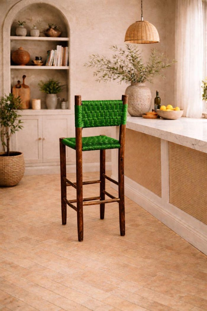 Moroccan Boho Bar Stools with Green Rope Weave - Handmade Set - Image 2