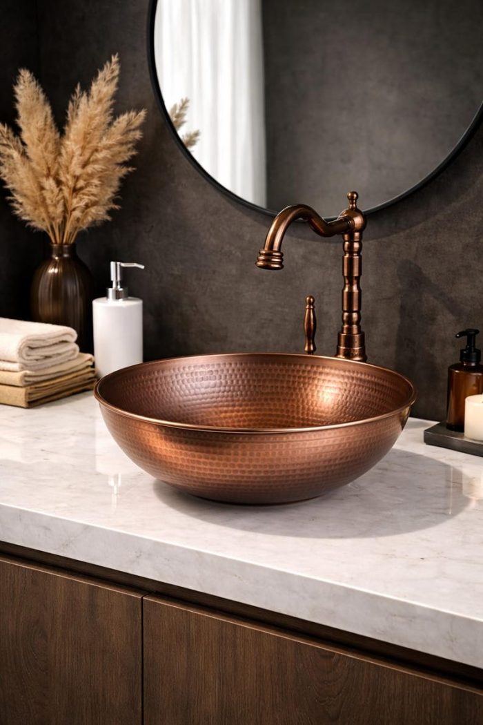 Hammered Copper Round Vessel Sink – Rustic Bathroom Bowl - Image 3