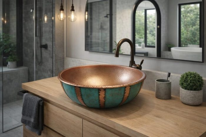 Turquoise Patina Copper Vessel Sink – Hammered Bowl Basin - Image 3