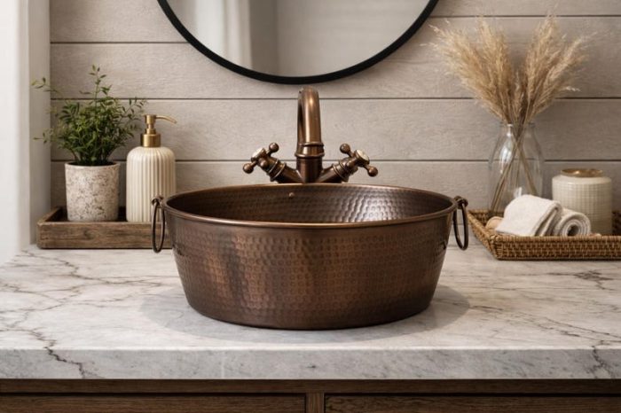 Hammered Copper Trough Vessel Sink with Handles – Rustic Basin - Image 3
