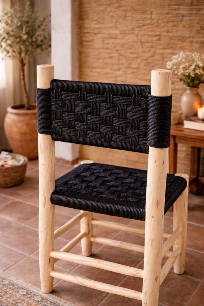 Moroccan Wooden Chair with Black Rope - Handmade - Image 3