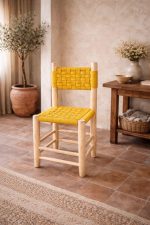 Moroccan Wooden Chair with Yellow Rope Seat - Handmade