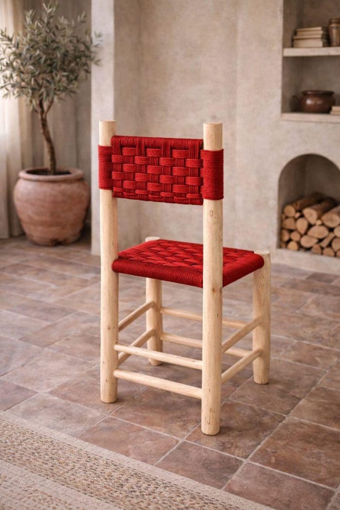 Moroccan Wooden Chair with Red Rope Seat - Handmade - Image 3