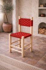 Moroccan Wooden Chair with Red Rope Seat - Handmade