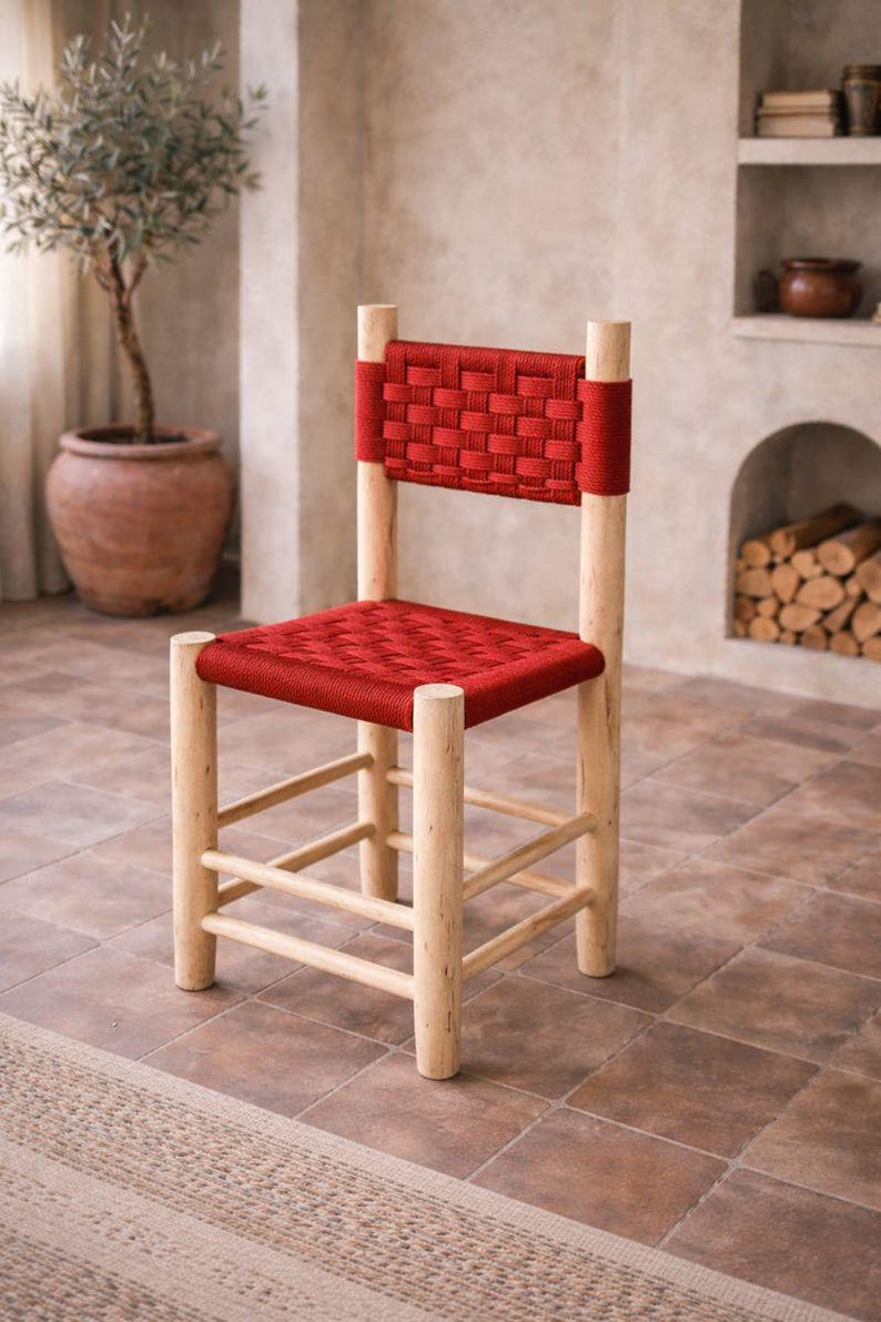 il_794xN.7583623268_ej2u Moroccan Wooden Chair with Red Rope Seat - Handmade - Image 1