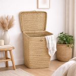 Handwoven Palm Leaf Laundry Basket with Lid - Square Natural Storage Basket