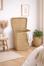 Handwoven Palm Leaf Laundry Basket with Lid - Square Natural Storage Basket