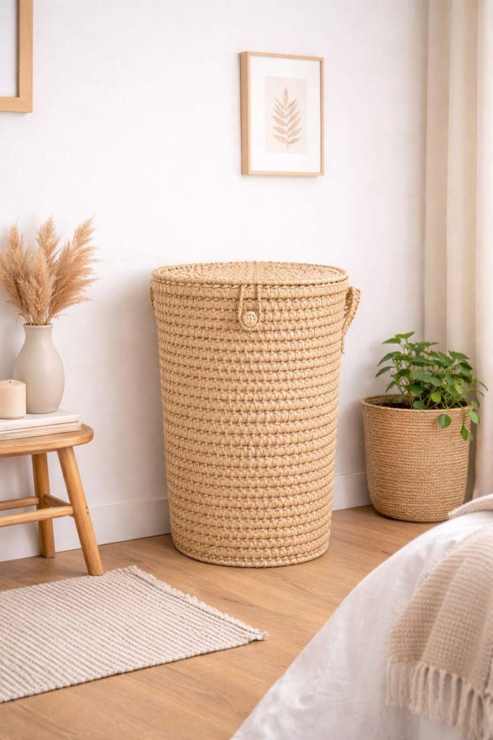 Handwoven Round Palm Leaf Laundry Basket – Boho Storage - Image 2