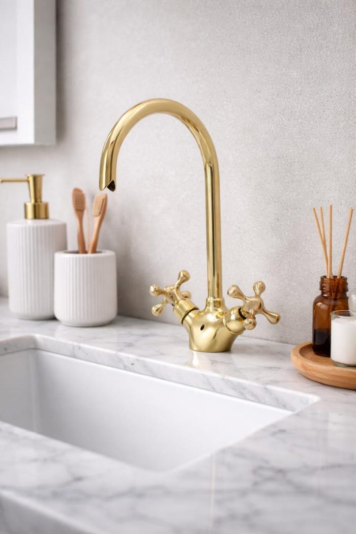 Polished Gold Sink Faucet – Classic Crosshead Handles, Farmhouse Style - Image 2