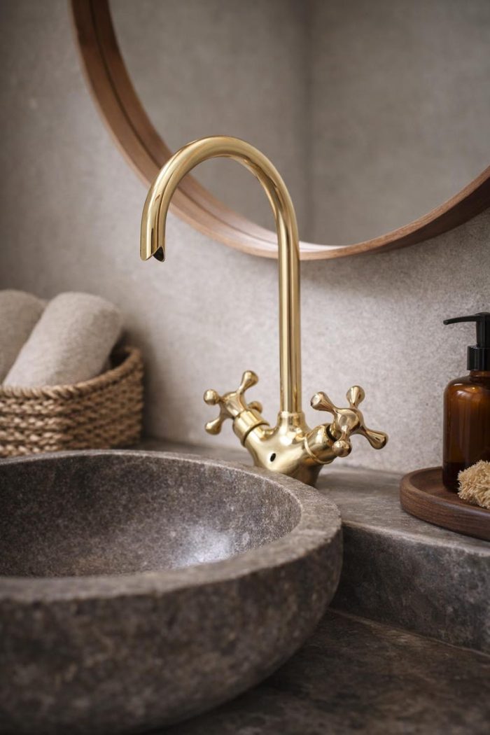 Polished Gold Sink Faucet – Classic Crosshead Handles, Farmhouse Style - Image 3