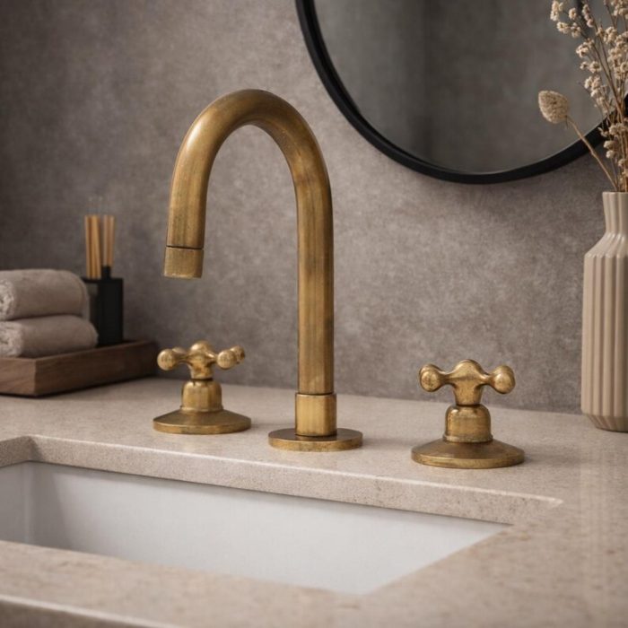 Antique Brass Widespread Bathroom Faucet – 3 Hole Cross Handles - Image 2