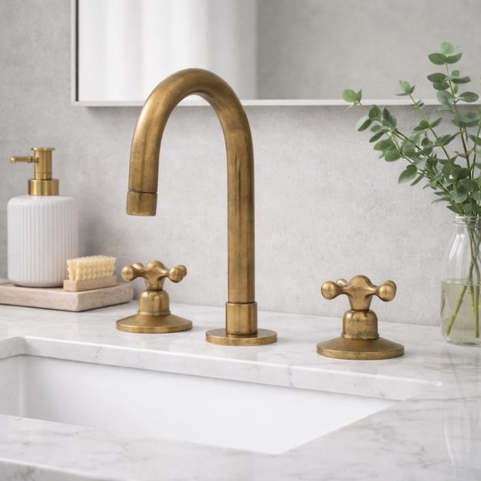 Antique Brass Widespread Bathroom Faucet – 3 Hole Cross Handles - Image 3