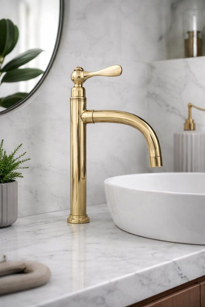 Polished Brass Bathroom Faucet – Vintage Single-Handle Sink Tap with Curved Spout - Image 2