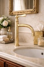 Polished Brass Bathroom Faucet – Vintage Single-Handle Sink Tap with Curved Spout - Image 3
