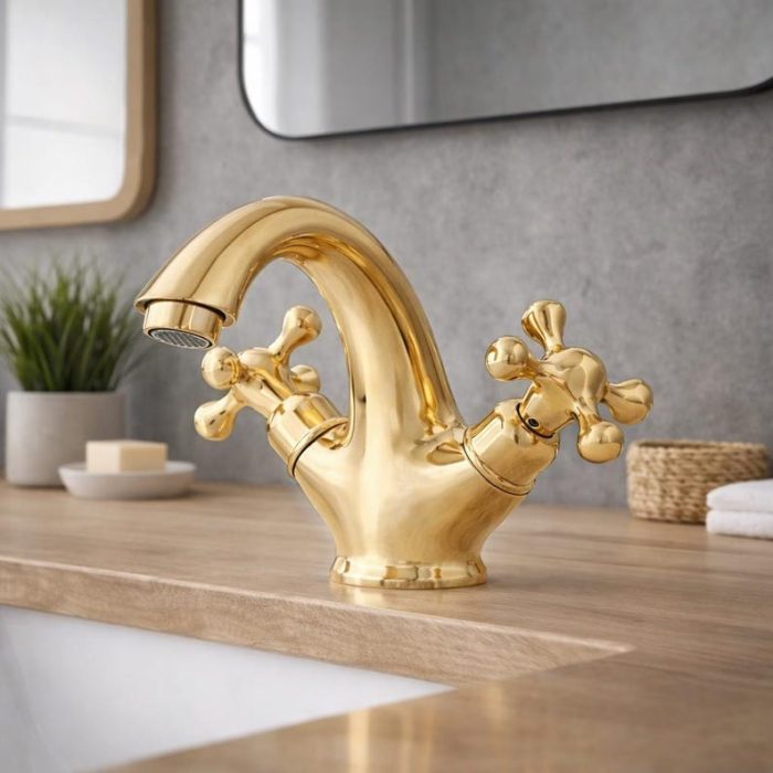 Luxury Gold Bathroom Faucet – Vintage Cross Handles, Double Handle Mixer Tap - Image 3