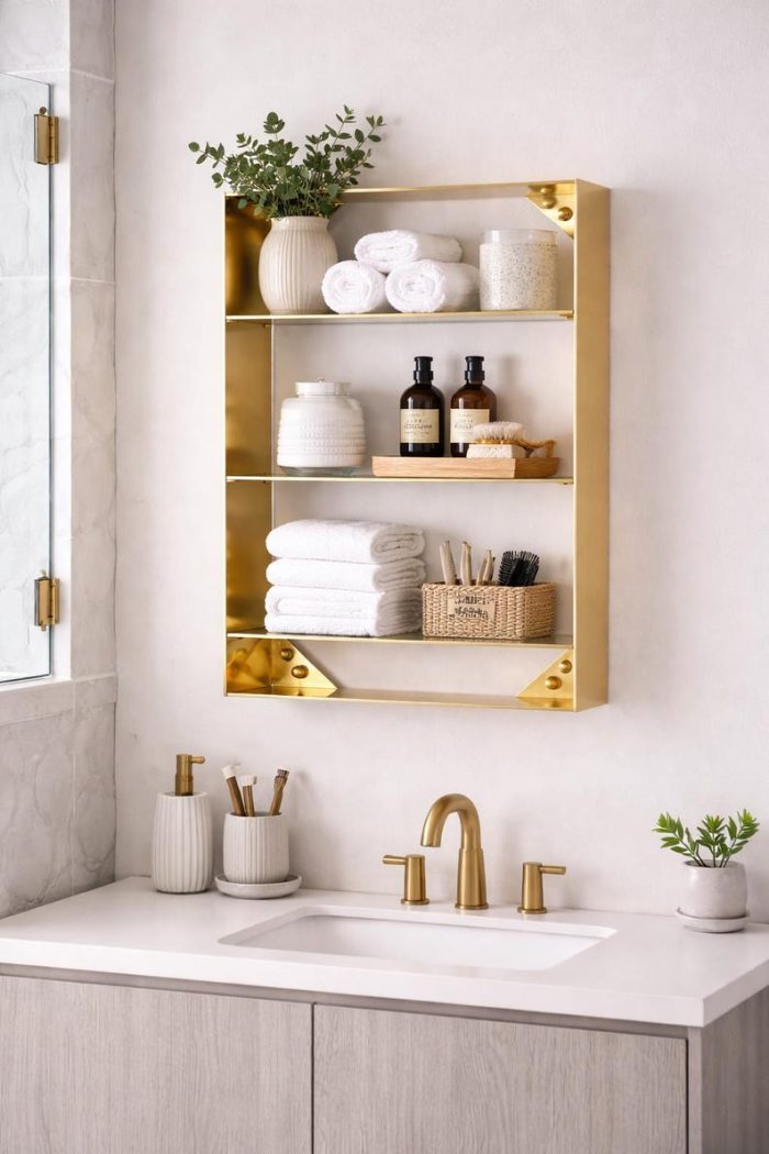 Wall Mounted Brass Bathroom Shelf – Gold Floating Storage Rack - Image 2