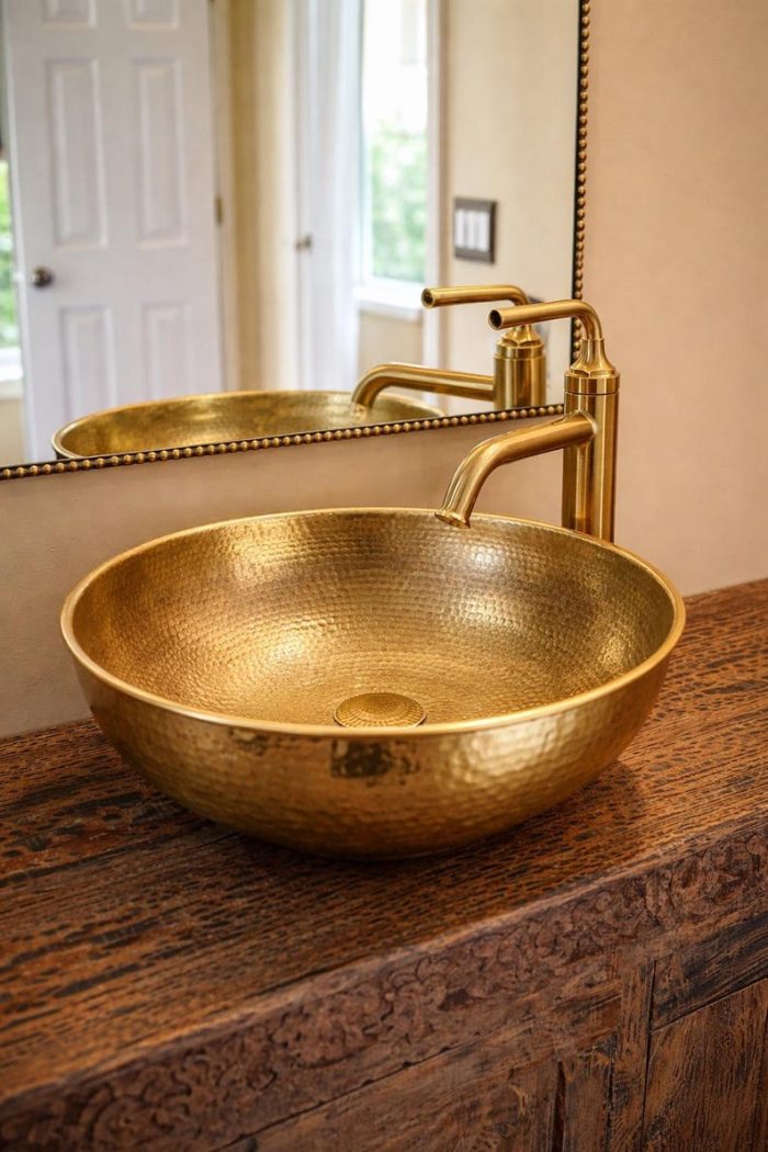 Golden Hammered Copper Round Vessel Sink - Image 2