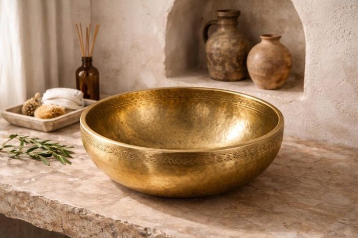 Golden Hammered Copper Round Vessel Sink - Image 2