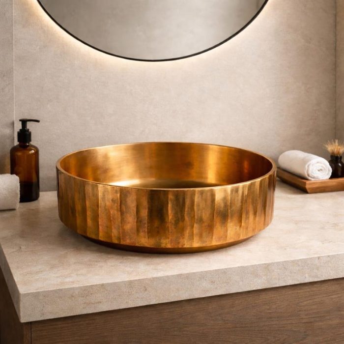 Hammered Copper Round Vessel Sink – Antique Gold Finish - Image 5