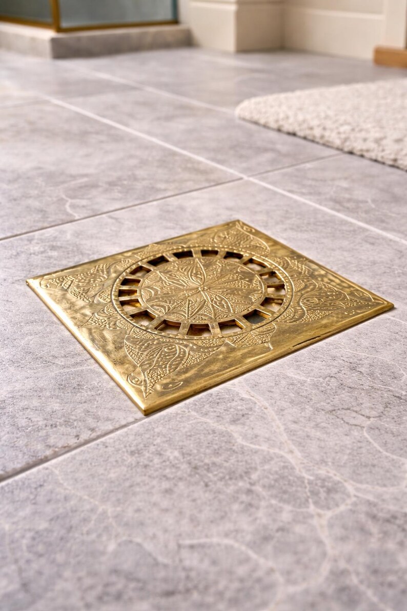 il_794xN.7611806845_j4vu Handcrafted Brass Floor Drain Cover – Decorative Square Shower Drain Grate - Image 1
