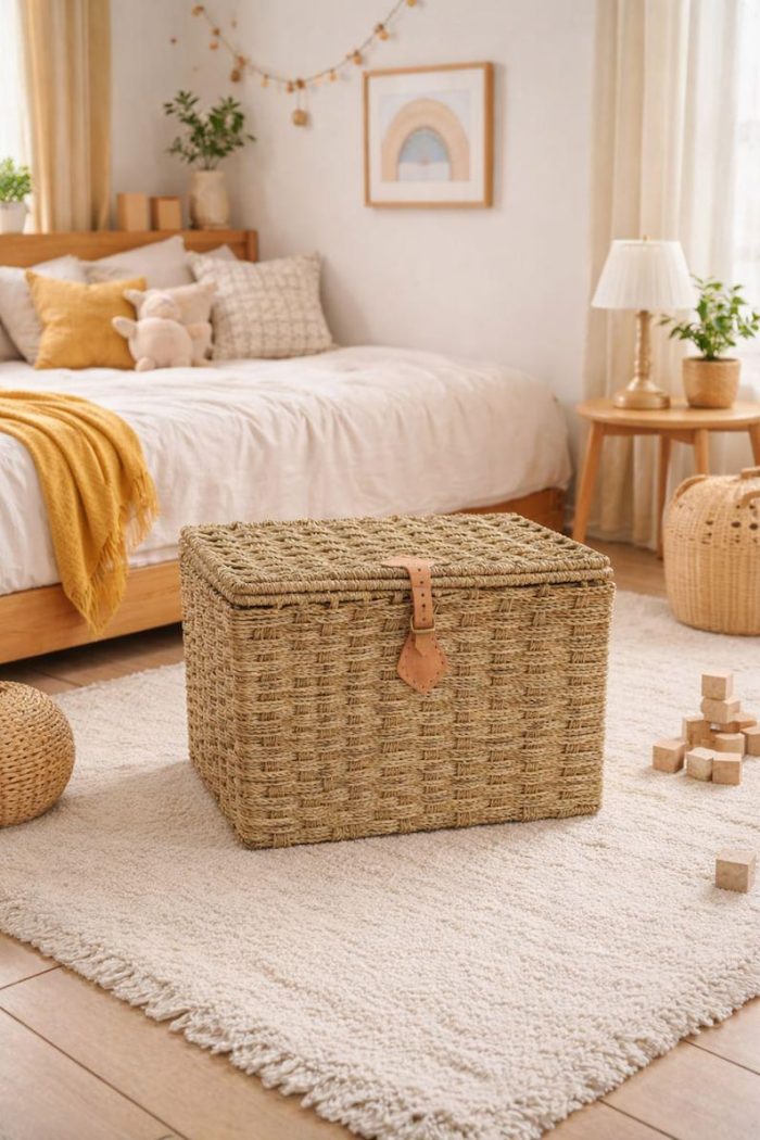 Handwoven Doum Palm Storage Box with Lid – Kids Room Organizer - Image 3