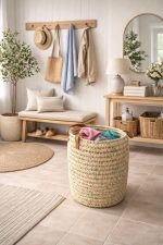 Natural Round Woven Laundry Basket with Leather Handles - Image 2
