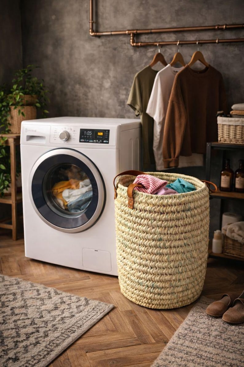 il_794xN.7617290049_8w43 Natural Round Woven Laundry Basket with Leather Handles - Image 1