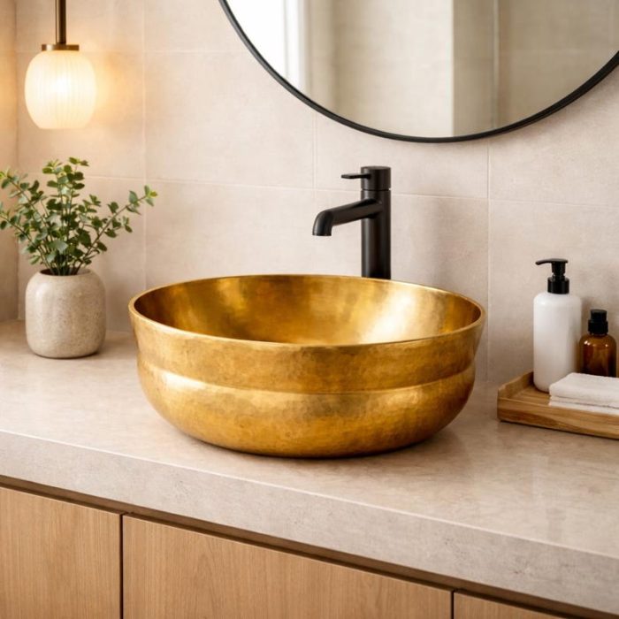 Golden Hammered Copper Round Vessel Sink - Image 2