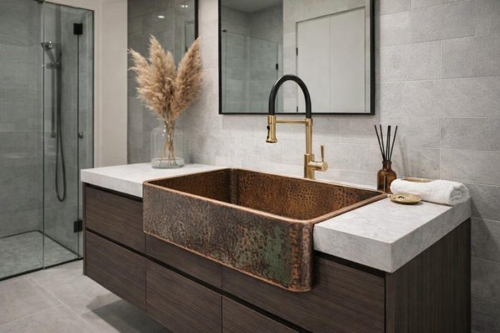 Antique Copper Apron Front Sink – Rustic Farmhouse Bathroom Basin - Image 2