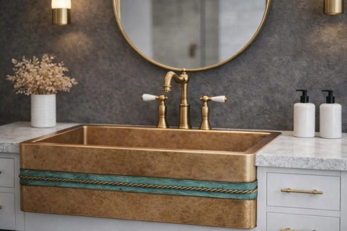 Rustic Apron Front Vessel Sink – Hammered Copper Basin with Blue Band - Image 4