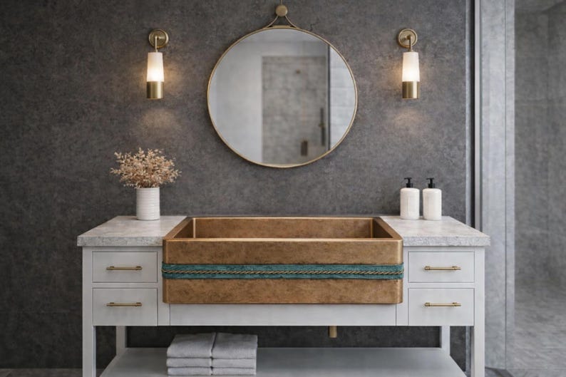 il_794xN.7624758153_hanu Rustic Apron Front Vessel Sink – Hammered Copper Basin with Blue Band - Image 1