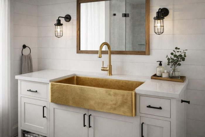 Hammered Brass Apron Front Sink – Gold Farmhouse Basin - Image 4