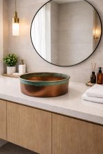 Copper Vessel Sink with Green Patina Rim – Hammered Round Basin