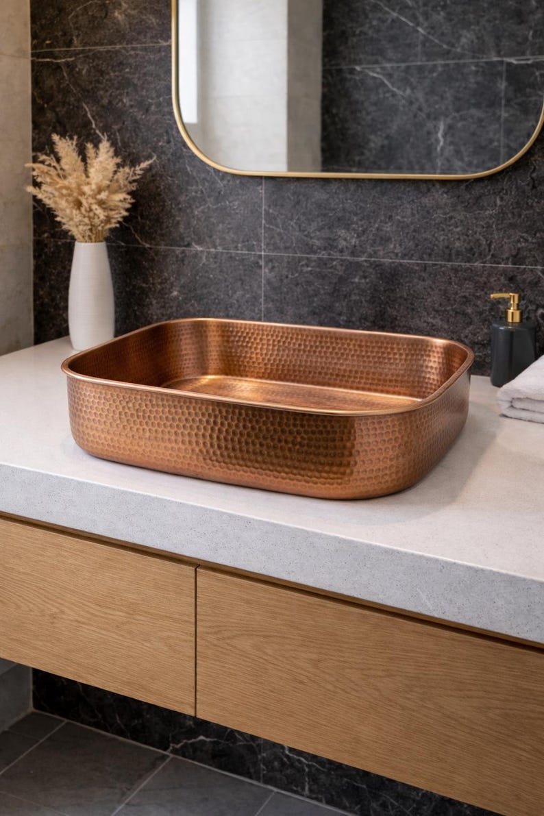 il_794xN.7624849841_qmwo (1) Handmade Hammered Copper Rectangle Vessel Sink – Rustic Basin - Image 1