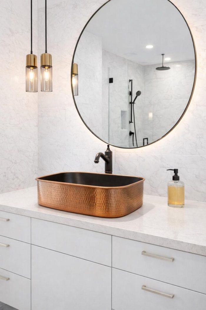 Rectangular Hammered Copper Vessel Sink – Modern Countertop Basin - Image 2