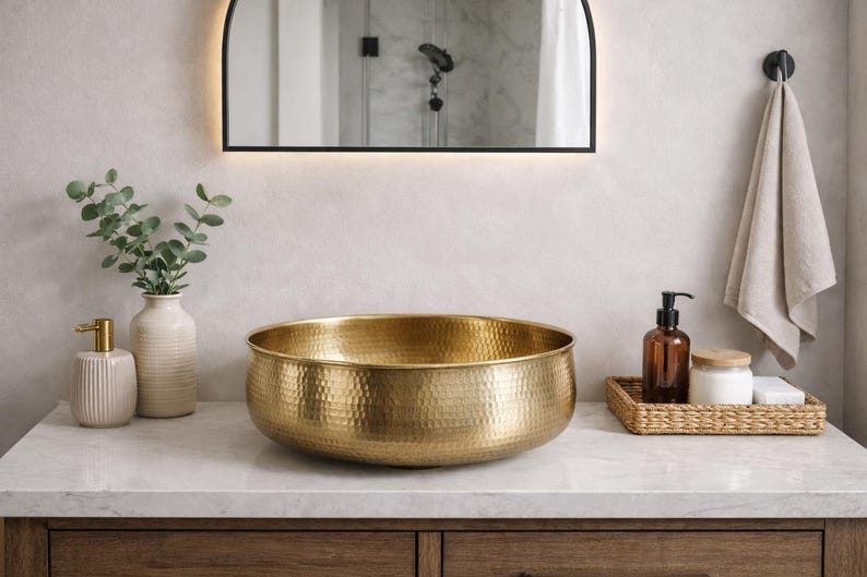 il_794xN.7627647041_39s6 Hammered Brass Round Vessel Sink – Gold Bathroom Bowl Basin - Image 1