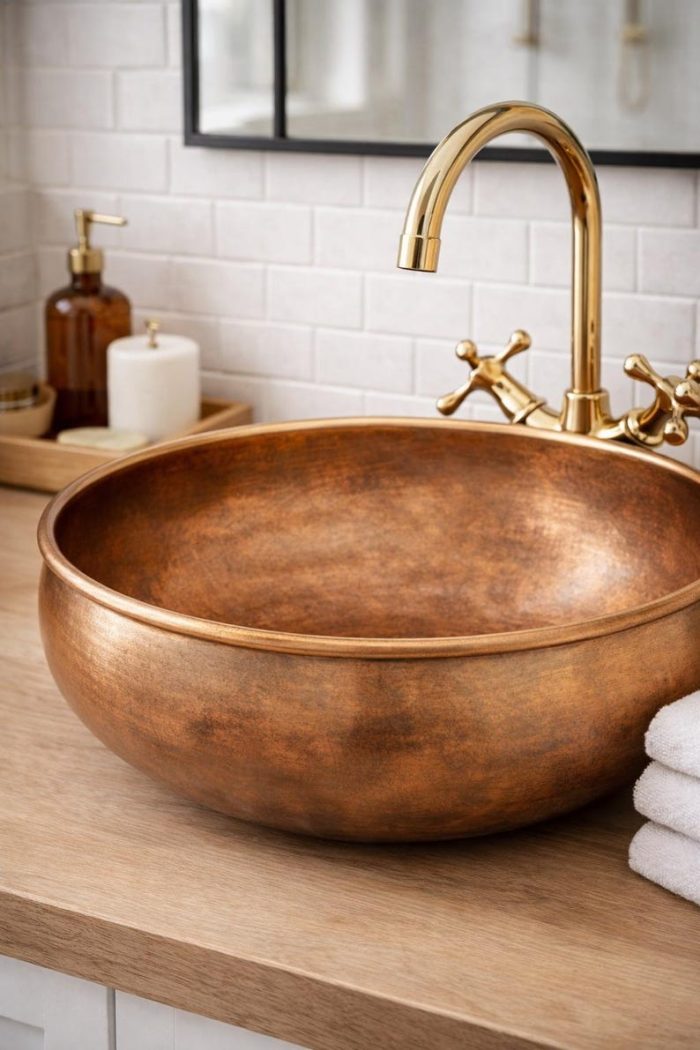 Antique Copper Round Vessel Sink – Rustic Patina Bathroom Bowl - Image 3