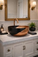 Black & Copper Hammered Vessel Sink – Modern Round Bowl Basin - Image 3
