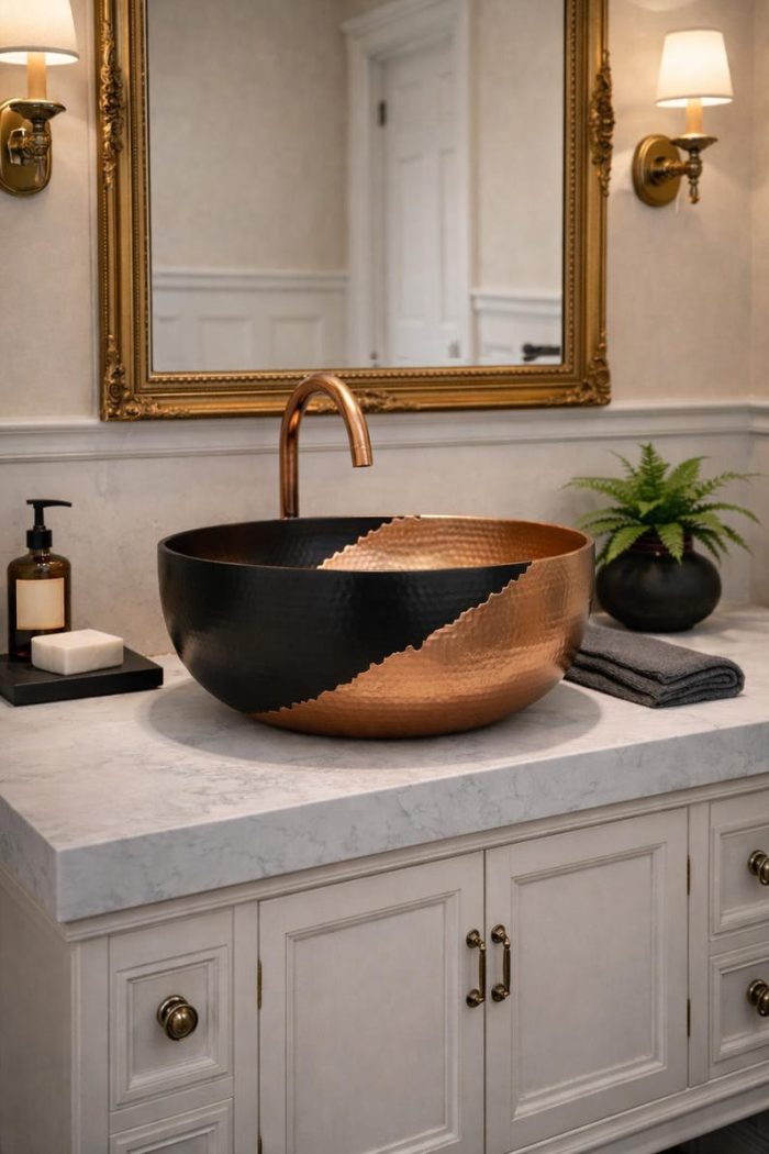 Black & Copper Hammered Vessel Sink – Modern Round Bowl Basin - Image 3