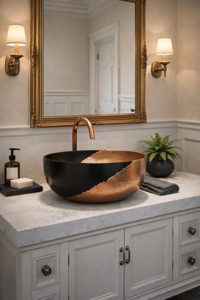 Black & Copper Hammered Vessel Sink – Modern Round Bowl Basin - Image 2