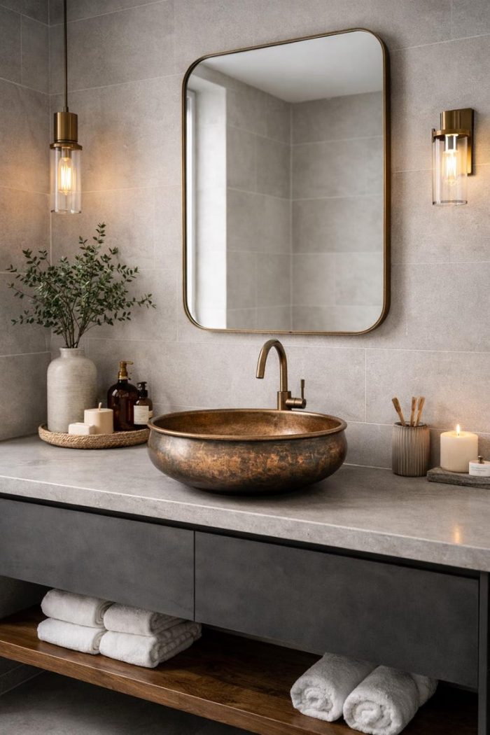 Antieke koperen ronde opbouwwaskom met rustieke patina - Image 3