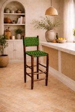Moroccan Boho Bar Stools with Green Rope Weave - Handmade Set