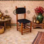 Moroccan Boho Brown Wooden Chair with Black Rope Weave - Handmade