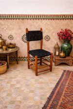 Moroccan Boho Brown Wooden Chair with Black Rope Weave - Handmade