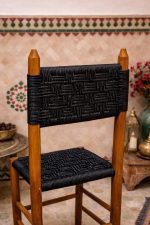 Moroccan Boho Brown Wooden Chair with Black Rope Weave - Handmade - Image 3