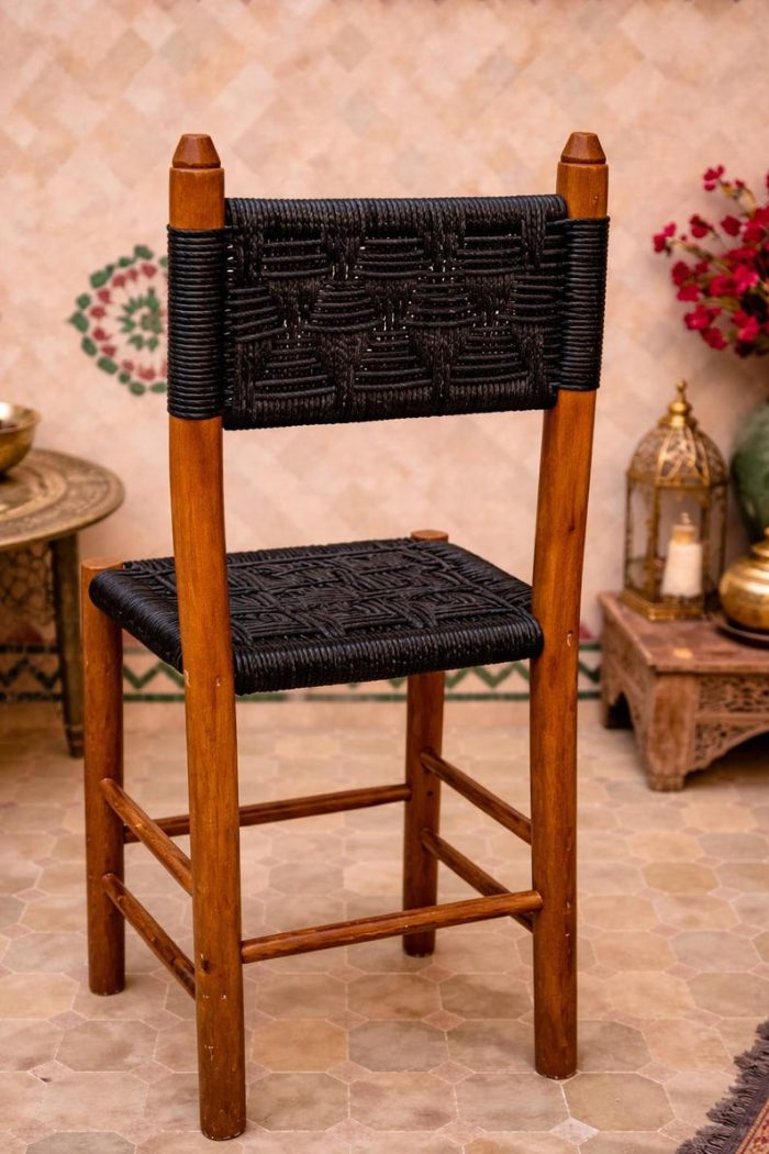 Moroccan Boho Brown Wooden Chair with Black Rope Weave - Handmade - Image 4