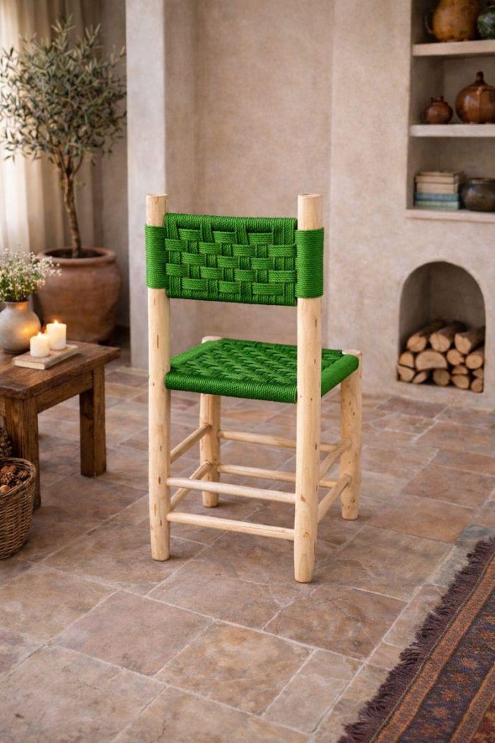 Moroccan Wooden Chair with Green Rope Seat - Handmade - Image 3