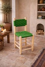 Moroccan Wooden Chair with Green Rope Seat - Handmade