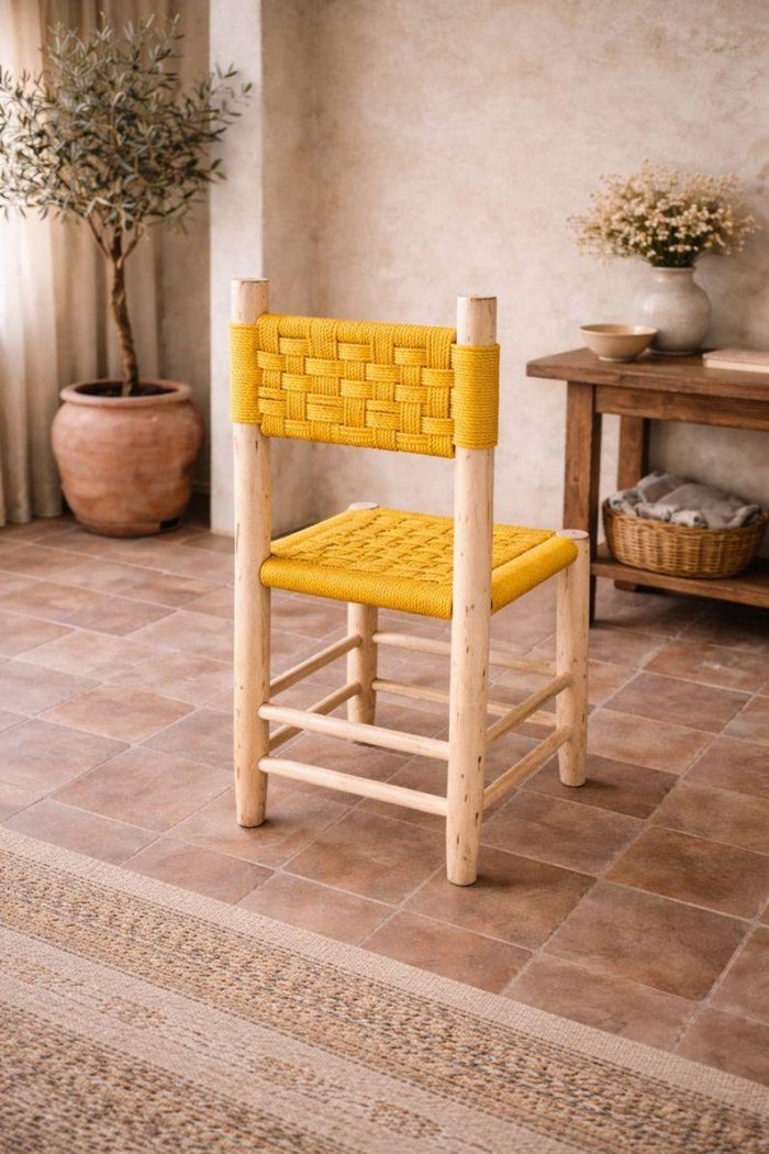 Moroccan Wooden Chair with Yellow Rope Seat - Handmade - Image 3