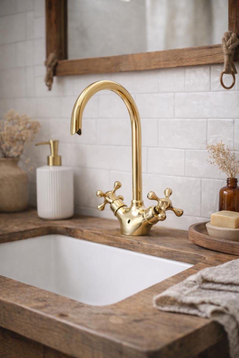 il_794xN.7634961333_9lp1 Polished Gold Sink Faucet – Classic Crosshead Handles, Farmhouse Style - Image 1